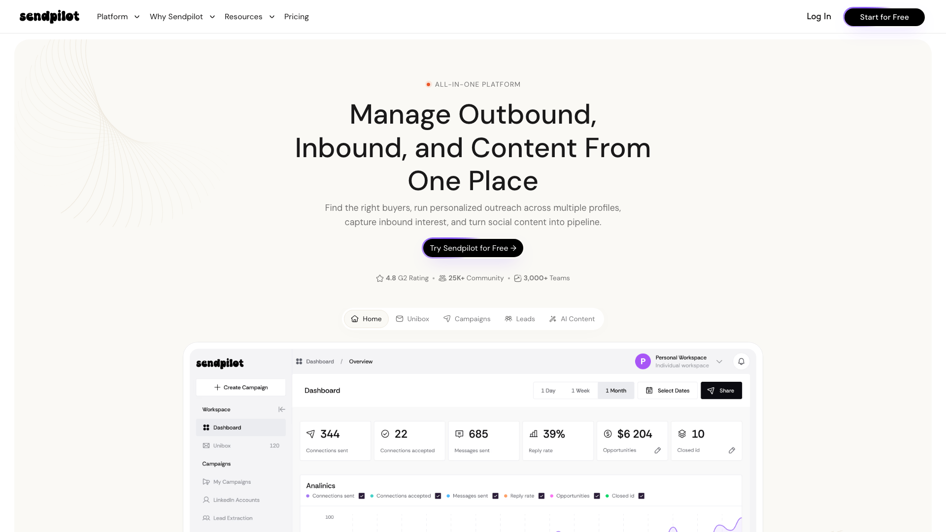 SendPilot website hero section screenshot
