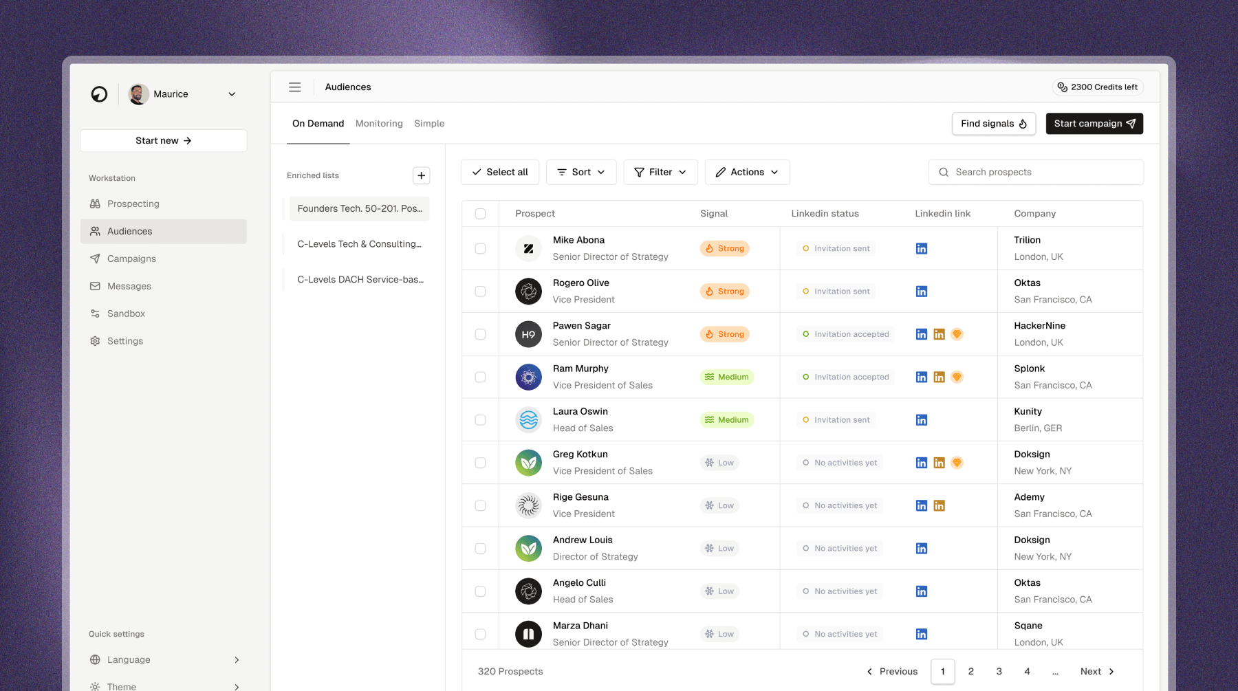Mockup Dashboard of the page audience with signals