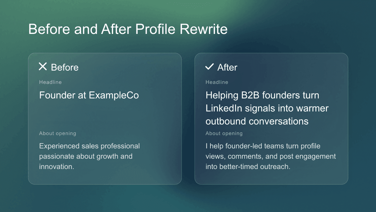 Before and after LinkedIn profile rewrite example for a stronger headline and About section