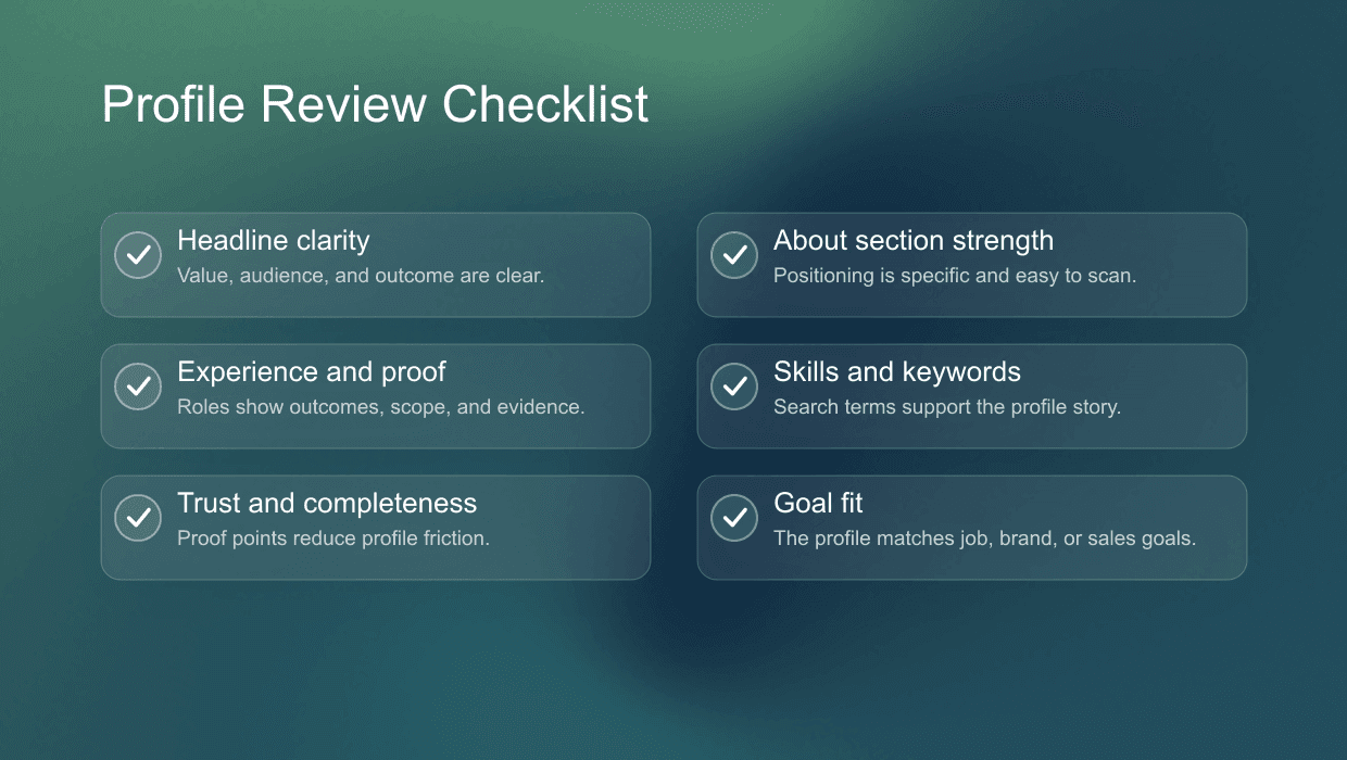 LinkedIn profile review checklist covering headline, about section, experience, skills, proof, and goal fit