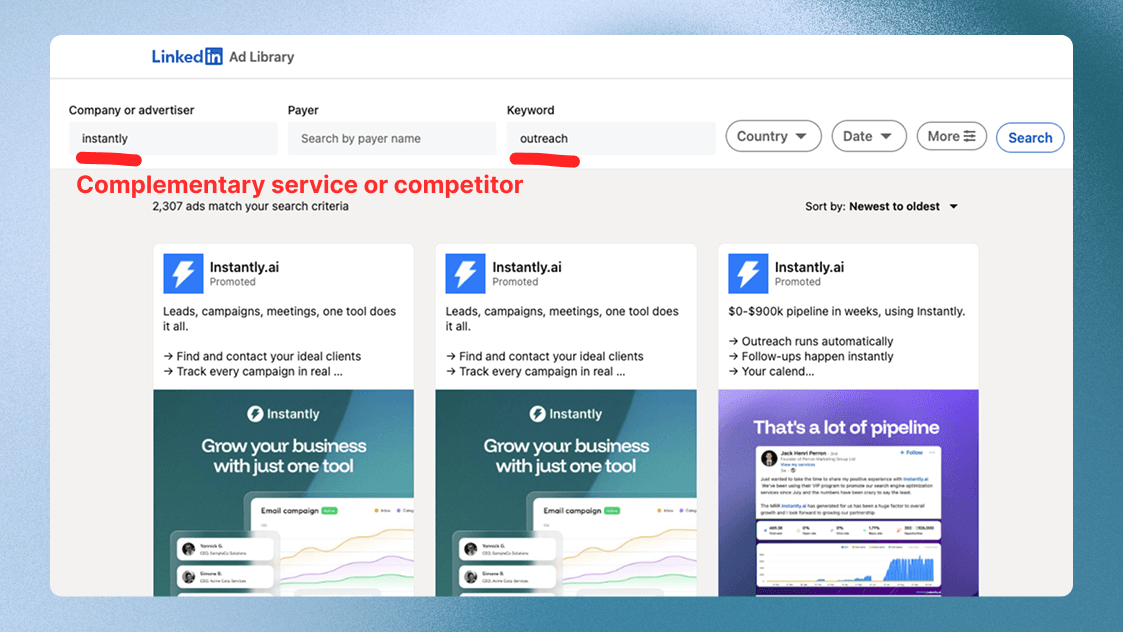 LinkedIn Ads Library search example for finding paid topics