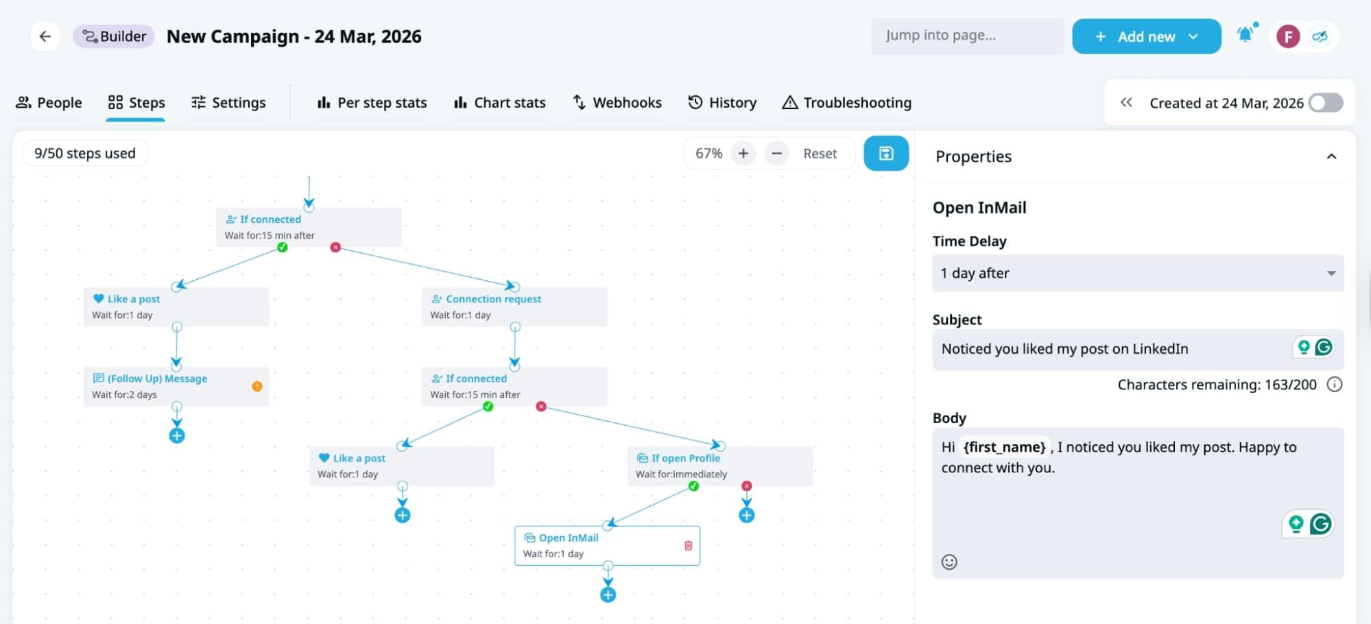 Expandi Smart Sequence builder with branching LinkedIn and InMail steps