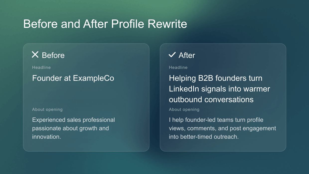 Before and after LinkedIn profile rewrite example for a stronger headline and About section
