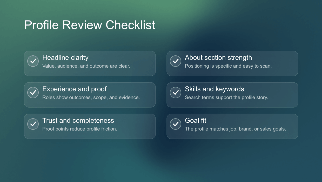LinkedIn profile review checklist covering headline, about section, experience, skills, proof, and goal fit