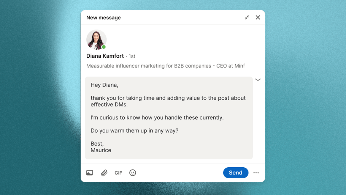 Message example for following up with someone who commented on your LinkedIn post