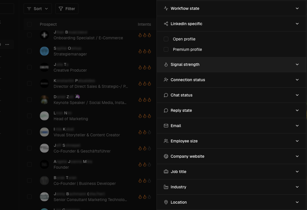 Sonarly prospect list filters for checking ICP fit and engagement signals