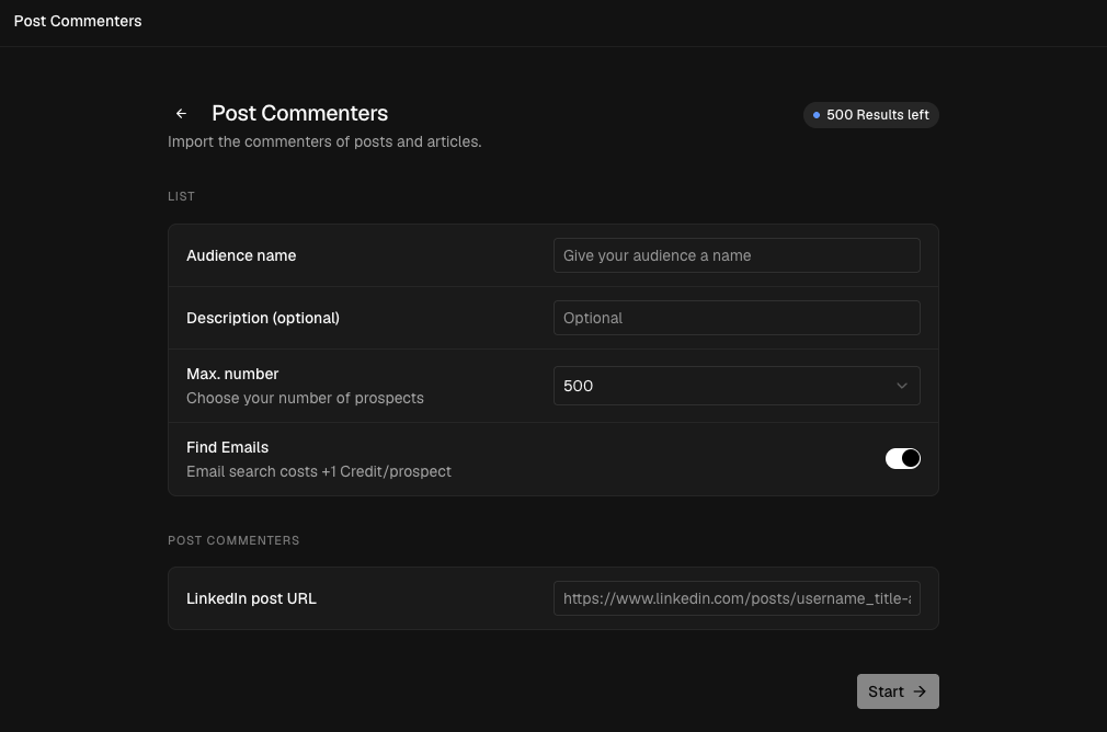 Sonarly post commenters import screen for collecting LinkedIn post engagement