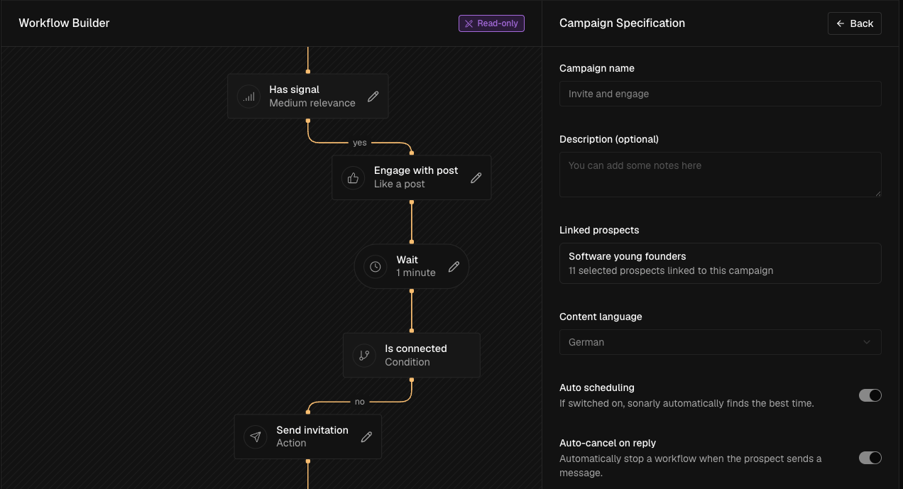Sonarly workflow builder for automated warm-up, connection requests, and follow-up