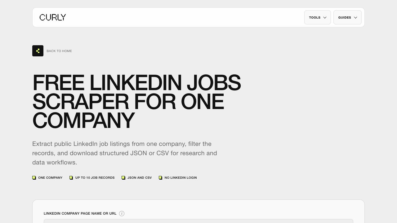 Curly free LinkedIn jobs scraper input for one target company